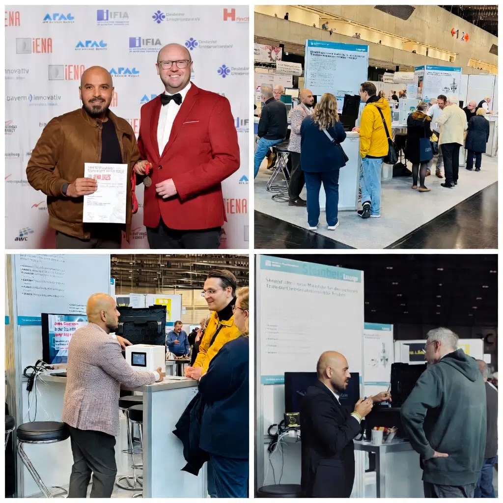 Reza Khonsari founder and CEO of Syrooz UG (haftungsbeschränkt) presents SteadyCube at IENA 2025 in Nuremberg – silver medal for active temperature stabilization and mobile sample transport solution